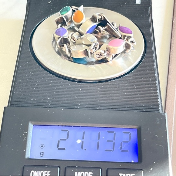 Colorful Vintage Taxco Gemstone 925 Silver Fish-shaped Bezel set Chain Bracelet - Picture 6 of 11